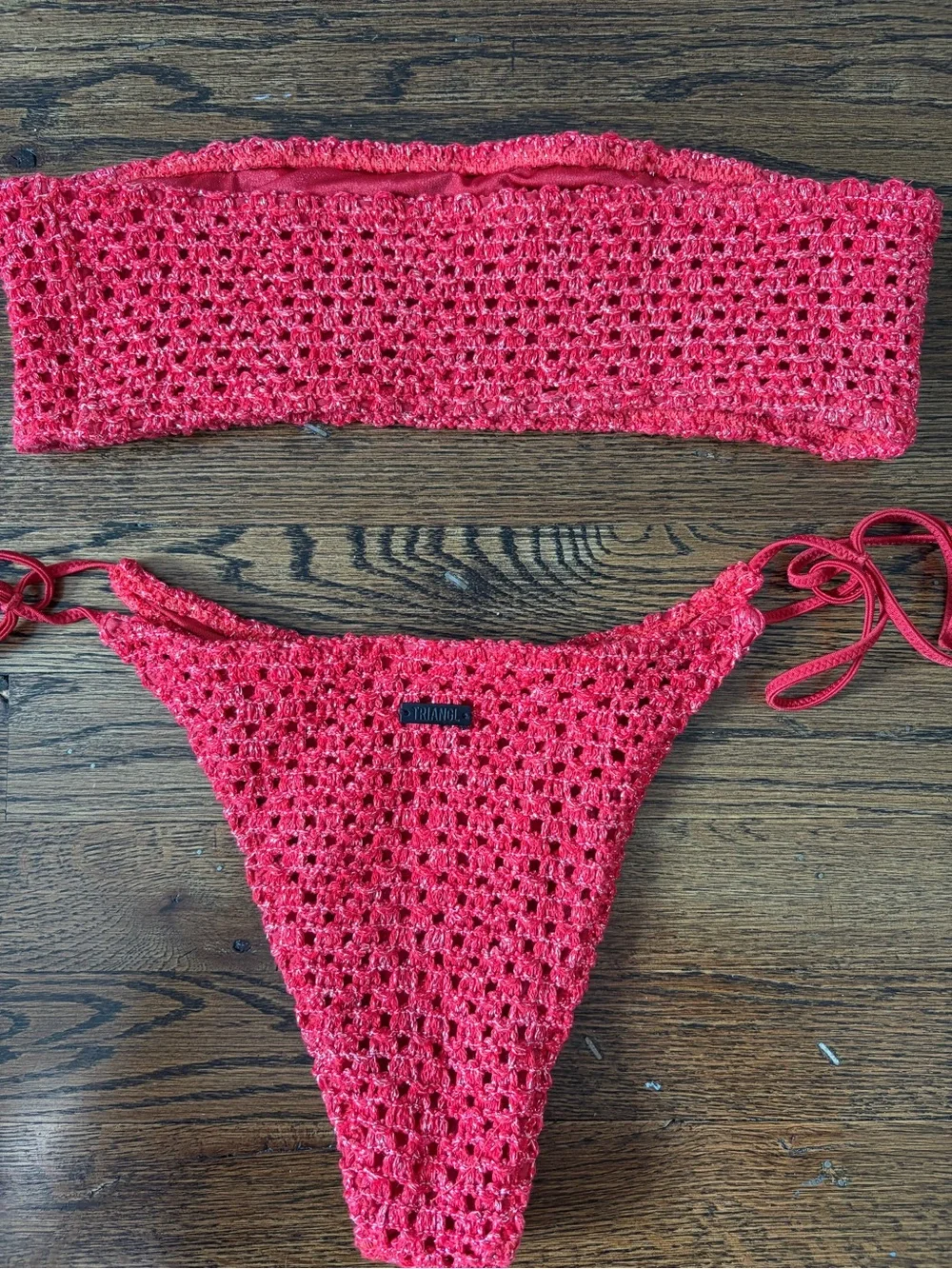 triangl swimwear Red Crochet Bandeau Bikini with Tie-Side Bottoms